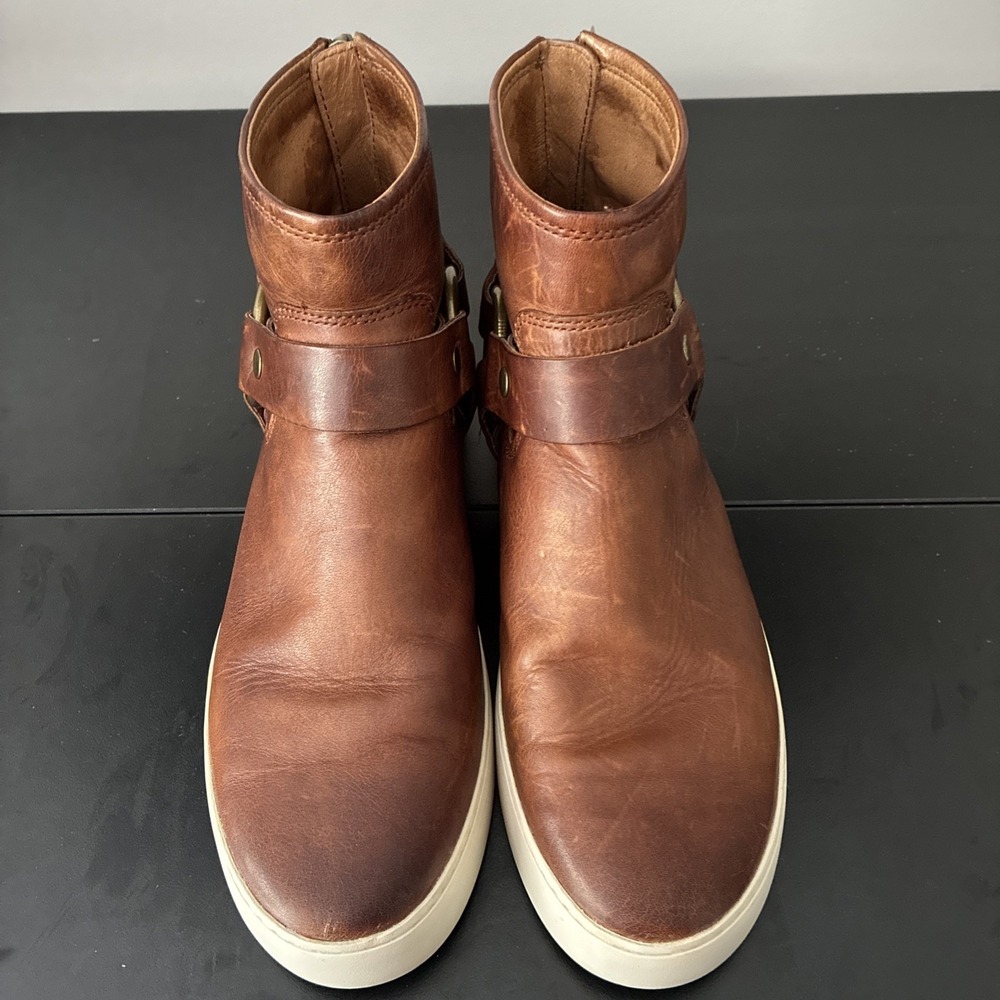 Frye Lena Harness Sneaker Leather Booties Cognac Brown Womens Size 8
